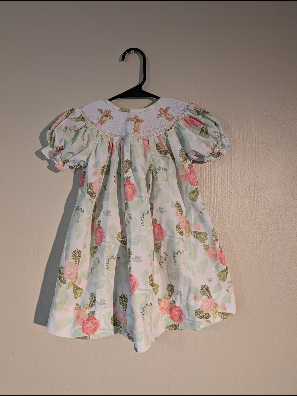 Girls Floral Puff-Sleeve Dress in Pink and Green